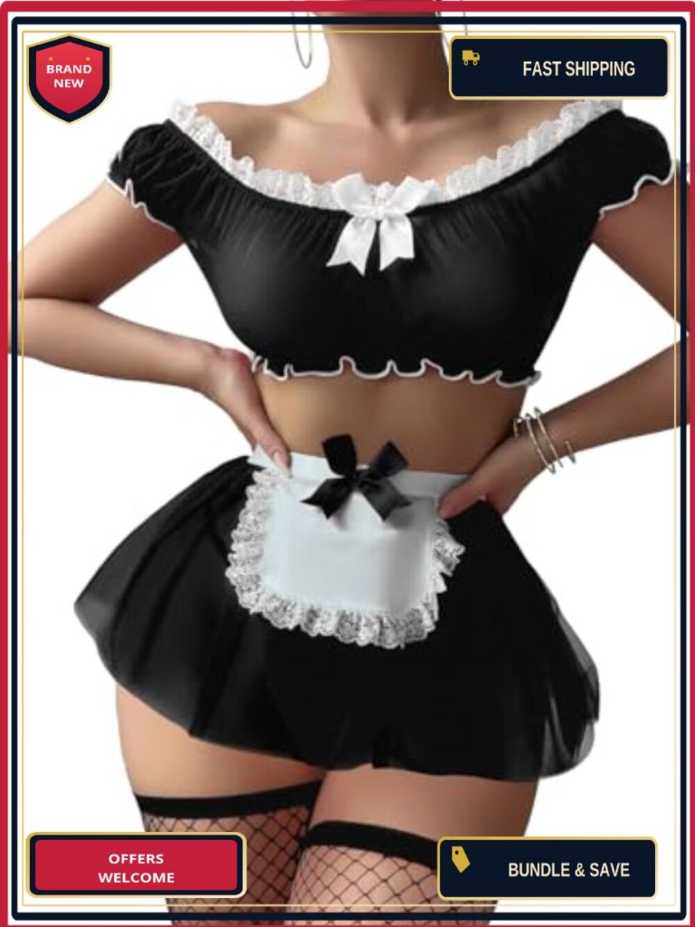 4 Piece Lace Mesh Sheer Lingerie Set Maid Cosplay Costume with Thong